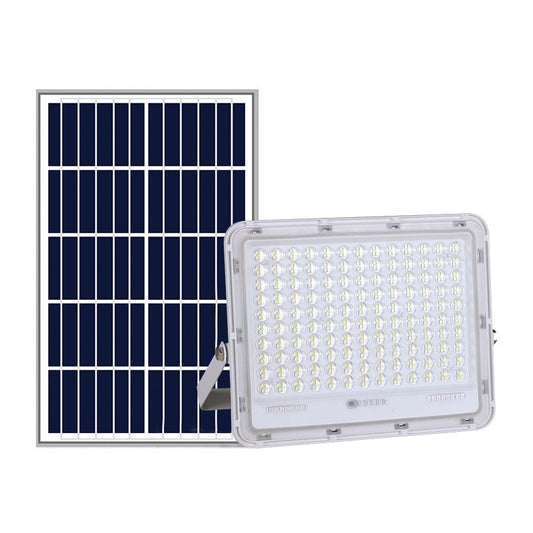 Proiector LED cu Panou Solar Selexmo, Senzor de lumina Waterproof, 100W, 23x18 cm, suport U inclus, panou afisaj nivel baterie, telecomanda, 220V, Design Modern, Alb