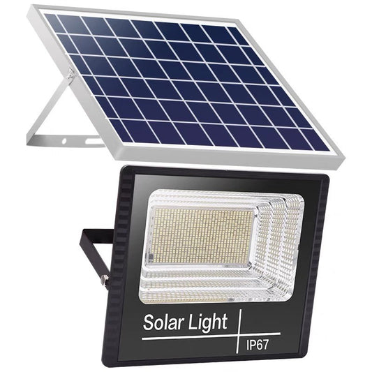 Proiector LED/Lampa solara de exterior Selexmo, 15 cm x 12 cm, Rezistent la Apa IP67, cu Panou Solar, 100 LED SMD, 30W, Senzor de lumina, Timer, cu Telecomanda, 2 moduri de iluminat, kit montaj inclus, Lumina Rece