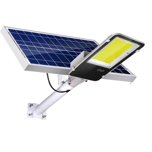Proiector LED pentru stalp, casa, perete cu suport metalic inclus, Selexmo, 38,5 cm x 14,2 cm, Rezistent la Apa IP65, cu Panou Solar, 240 COB LED, 100 W, Senzor de lumina, Timer, cu Telecomanda, intensitate reglabila, kit montaj inclus, Lumina Rece