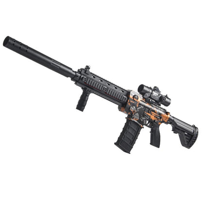 Pusca de Jucarie M416 Ultrarealista, cu Luneta, 10 de Proiectile din Spuma Moale, fara Cartuse, 95 cm, 8 ani+, Negru Portocaliu