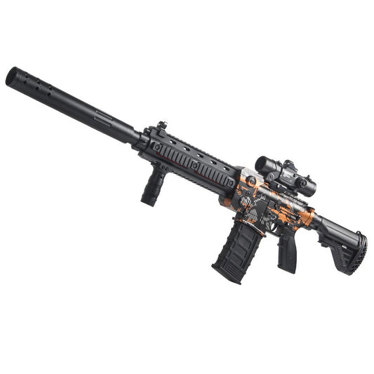Pusca de Jucarie M416 Ultrarealista, cu Luneta, 10 de Proiectile din Spuma Moale, fara Cartuse, 95 cm, 8 ani+, Negru Portocaliu