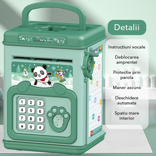 Pusculita pentru Copii, Selexmo, pusculita pentru economii SMART BOX cu efecte sonore, Tip ATM, cu Parola cu Amprenta, din plastic, 20 x 13.5 x 11.5 cm Verde