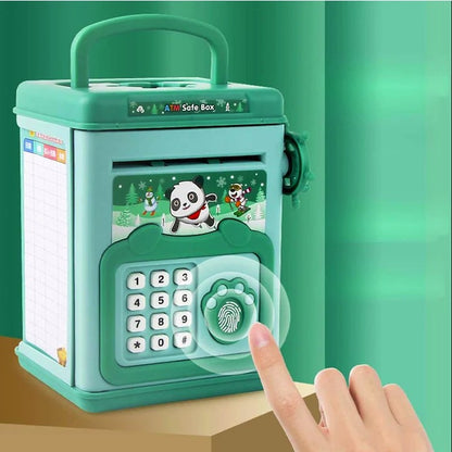 Pusculita pentru Copii, Selexmo, pusculita pentru economii SMART BOX cu efecte sonore, Tip ATM, cu Parola cu Amprenta, din plastic, 20 x 13.5 x 11.5 cm Verde