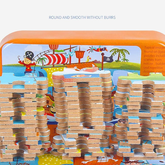 Puzzle 60 de Piese din Lemn in Cutie Metalica
