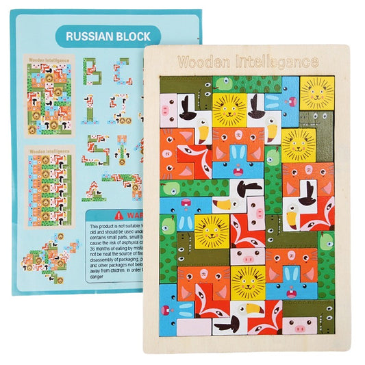 Puzzle din Lemn Selexmo, Tip Tetris, +4 Ani, cu Animale Colorate 3D, 40 Piese, Multicolor
