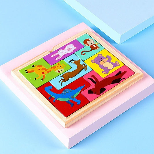 Puzzle din Lemn Selexmo, Tip Tetris, +4 Ani, cu Animale Colorate 3D, 7 Piese, Multicolor