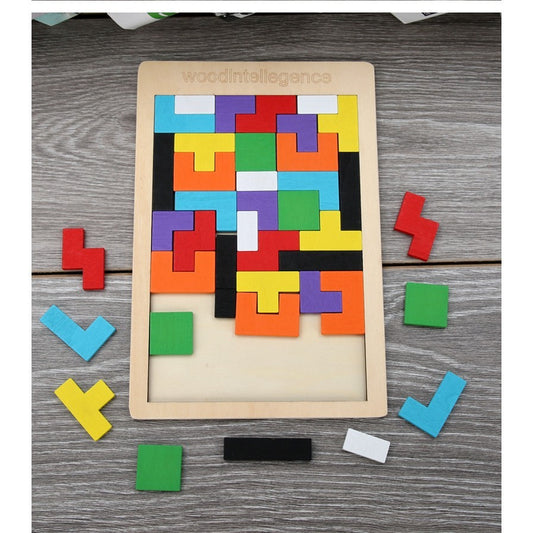 Puzzle Montessori, Selexmo, din Lemn, Tip Tetris, +36 Luni, Forme Neregulate, 40 Piese, 26.5 x 17.7 cm, Multicolor
