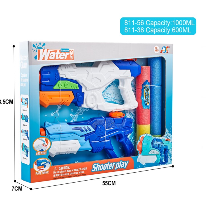 Set 2x Pistol cu Apa pentru Copii, Rezervor, Pentru Piscina/Plaja, Selexmo, 6ani+, Alb/Albastru + Albastru, 1000 ML + 600 ML