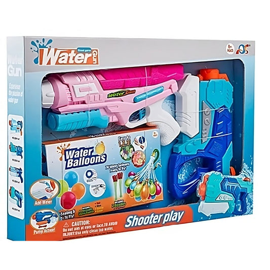 Set 2x Pistol cu Apa pentru Copii, Selexmo, 6ani+, cu baloane de apa, Albastru + Roz, 1x 600 ML +  1x 550 ML