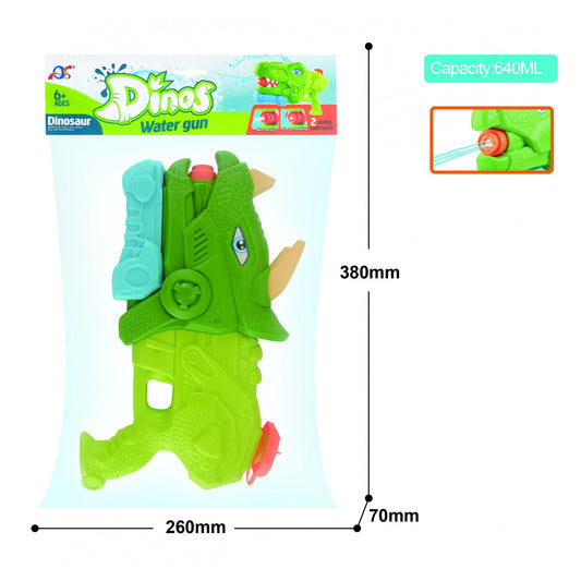 Pistol cu Apa pentru Copii, Rezervor, Pentru Piscina/Plaja, Selexmo, 6ani+, Triceratops, 3 duze, Verde, 640ML
