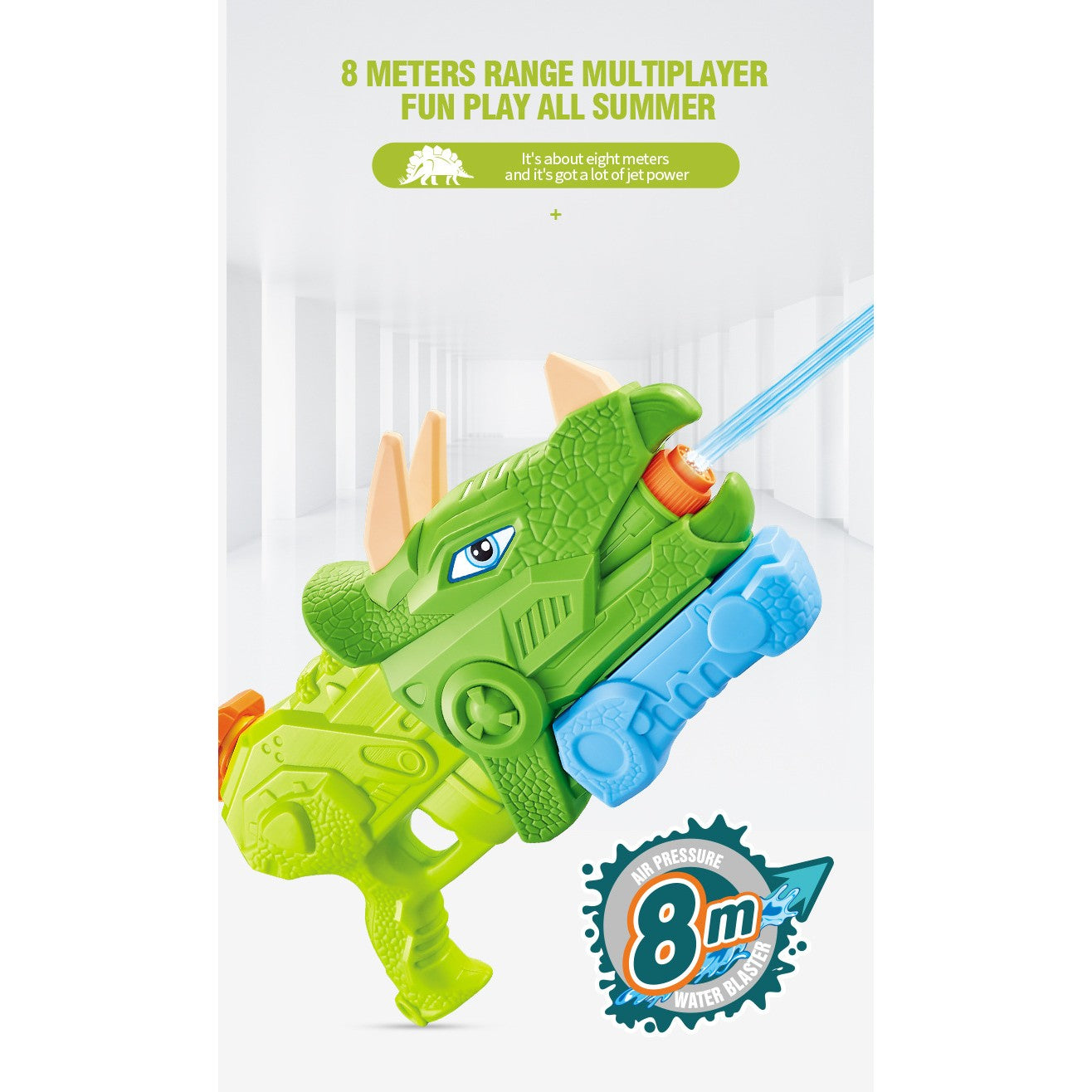 Pistol cu Apa pentru Copii, Rezervor, Pentru Piscina/Plaja, Selexmo, 6ani+, Triceratops, 3 duze, Verde, 640ML