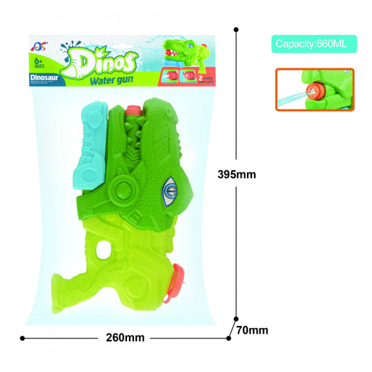 Pistol cu Apa pentru Copii, Rezervor, Pentru Piscina/Plaja, Selexmo, 6ani+, Tiranozaur, 3 duze, Verde, 660ML