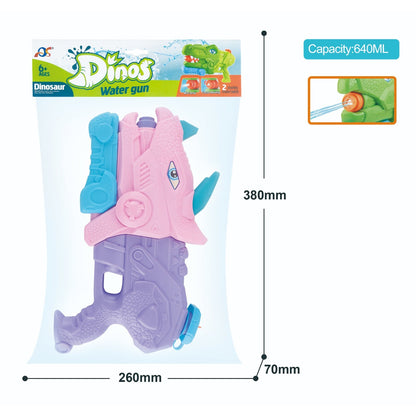 Pistol cu Apa pentru Copii, Rezervor, Pentru Piscina/Plaja, Selexmo, 6ani+, Triceratops, 3 duze, Roz, 640ML