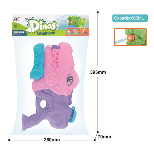 Pistol cu Apa pentru Copii, Rezervor, Pentru Piscina/Plaja, Selexmo, 6ani+, Tiranozaur, 3 duze, Roz, 660ML