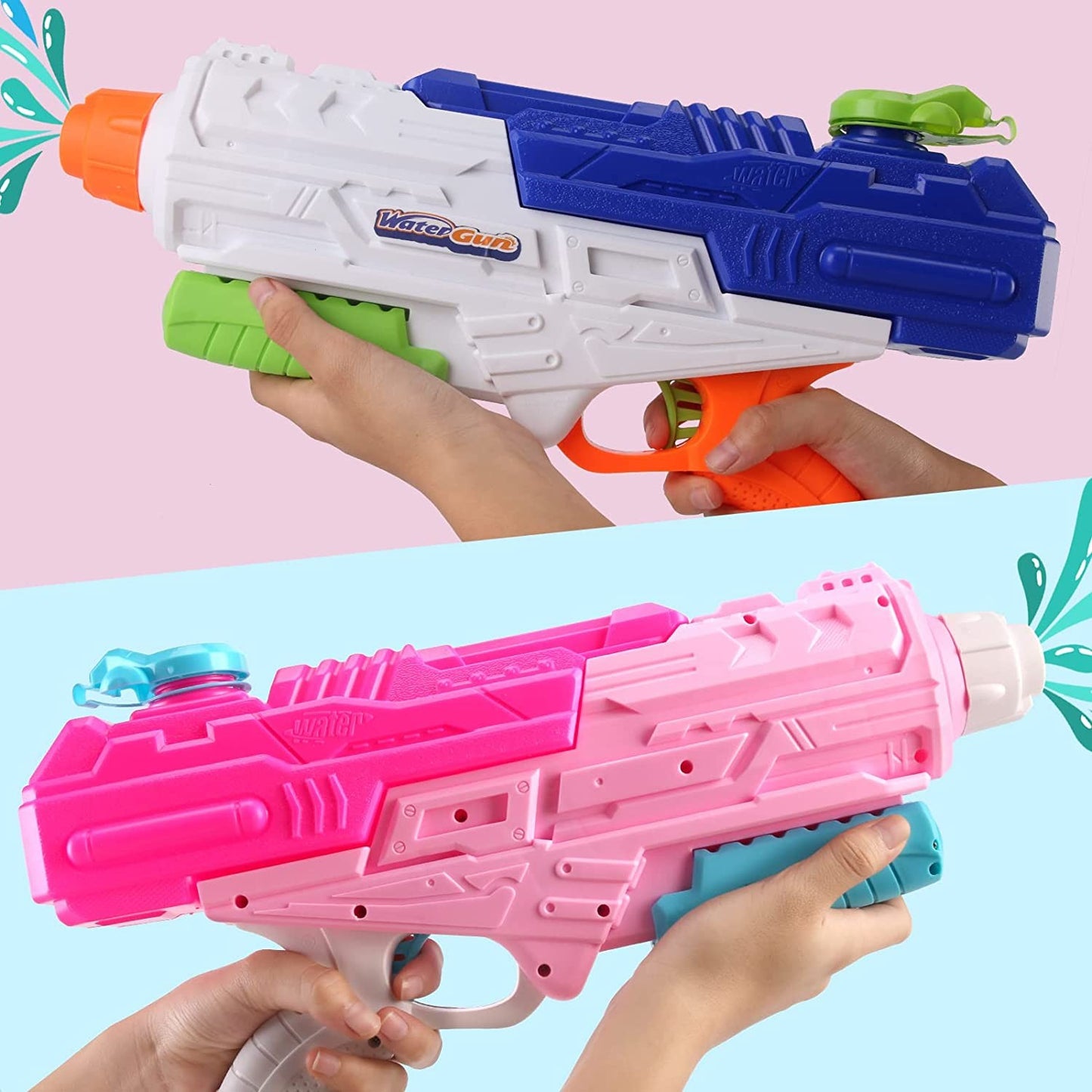 Set 2x Pistol cu Apa pentru Copii, Rezervor, Pentru Piscina/Plaja, Selexmo, 6ani+, Roz + Albastru, 1200 ML