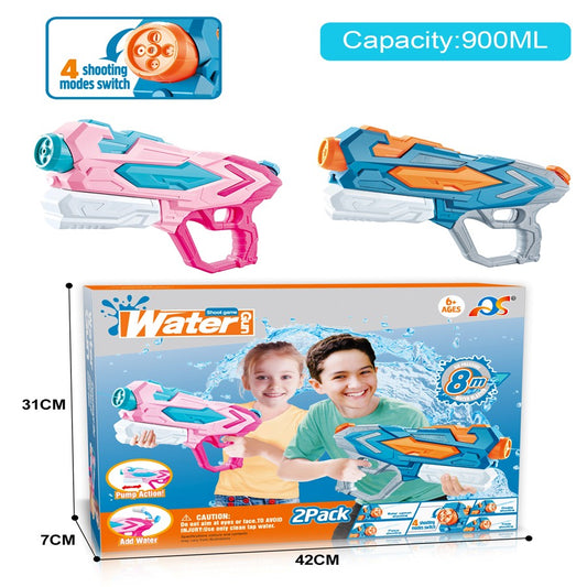 Set 2x Pistol cu Apa pentru Copii, Rezervor, Pentru Piscina/Plaja, Selexmo, 6ani+, Roz + Albastru, 4 duze, 900 ML