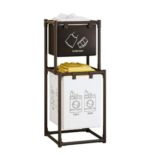 Raft/Cos Depozitare Haine Murdare, selexmo, pentru Baie, cu 2 Etaje, 2 Cosuri, Cadru de Otel Inoxidabil, 97 x 44 x 31 cm, Negru