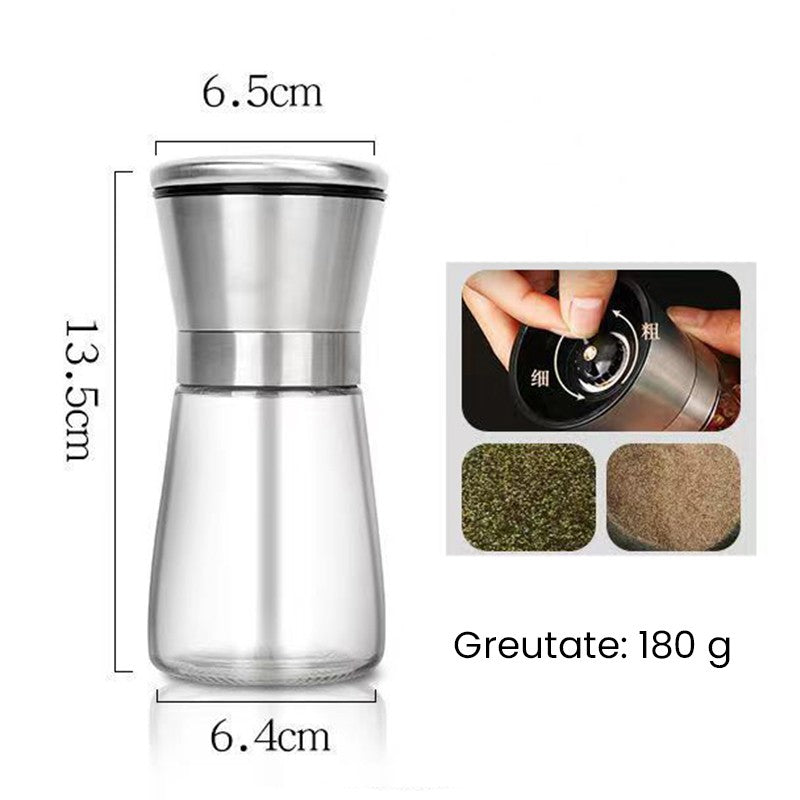 Rasnita Manuala pentru boabe, selexmo, Rasnita pentru Piper Sare Cafea, din Sticla cu Otel inoxidabil, 13.5 x 6.5 cm, volum 180 ml, Transparenta cu Capac din Inox