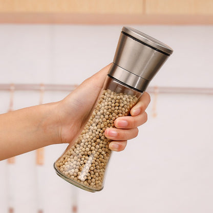 Rasnita Manuala pentru boabe, selexmo, Rasnita pentru Piper Sare Cafea, din Sticla cu Otel inoxidabil, 19.2 x 6.4 cm, volum 200 ml, Transparenta cu Capac din Inox
