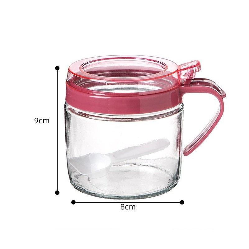 Recipient Condimente, selexmo, din Stilca, 180 ml, cu Maner si Lingurita, 8 x 9 cm, Capac Transparent, Roz