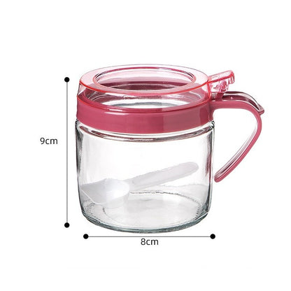 Recipient Condimente, selexmo, din Stilca, 180 ml, cu Maner si Lingurita, 8 x 9 cm, Capac Transparent, Roz