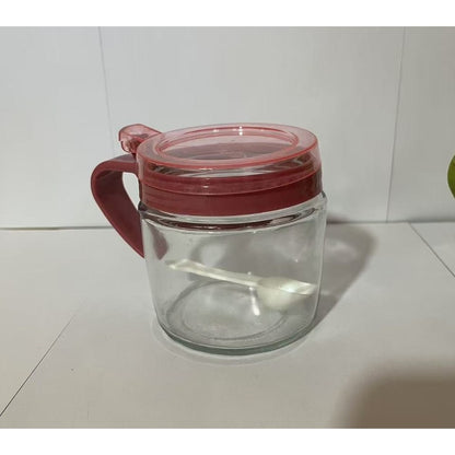 Recipient Condimente, selexmo, din Stilca, 180 ml, cu Maner si Lingurita, 8 x 9 cm, Capac Transparent, Roz