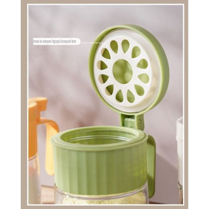Recipient Condimente, selexmo, din Stilca, 180 ml, cu Maner si Lingurita, 10.6 x 7 x 7 cm, Capac Mat, Verde