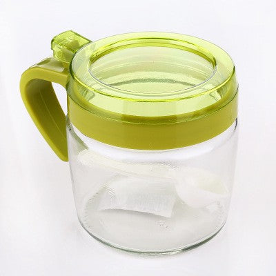 Recipient Condimente, selexmo, din Stilca, 180 ml, cu Maner si Lingurita, 8 x 9 cm, Capac Transparent, Verde