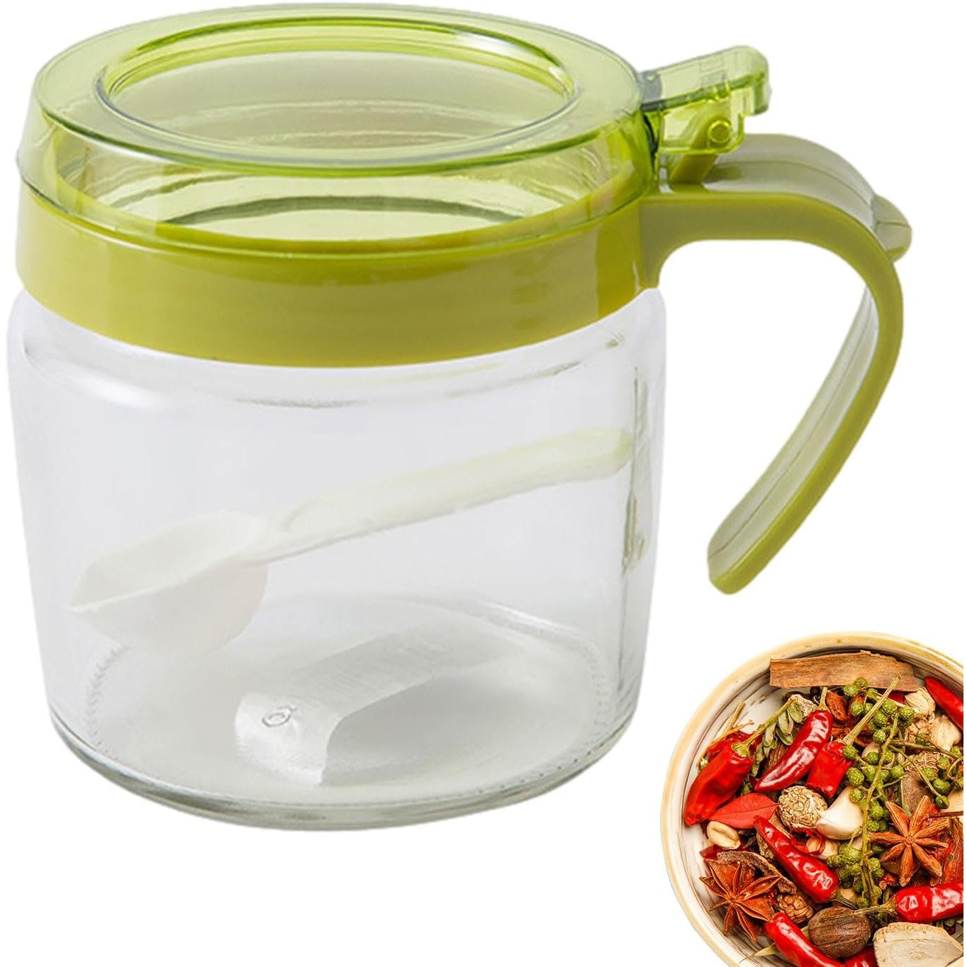 Recipient Condimente, selexmo, din Stilca, 180 ml, cu Maner si Lingurita, 8 x 9 cm, Capac Transparent, Verde