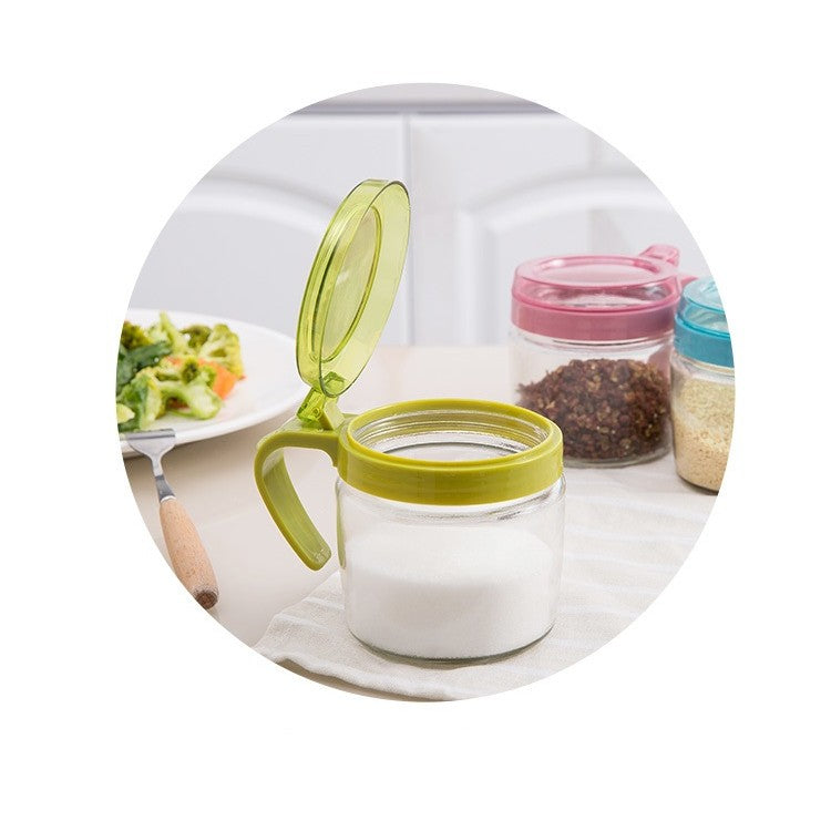 Recipient Condimente, selexmo, din Stilca, 180 ml, cu Maner si Lingurita, 8 x 9 cm, Capac Transparent, Verde