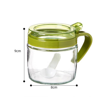Recipient Condimente, selexmo, din Stilca, 180 ml, cu Maner si Lingurita, 8 x 9 cm, Capac Transparent, Verde