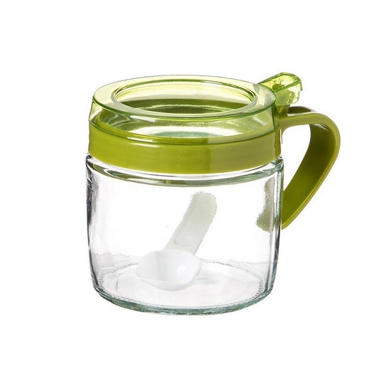 Recipient Condimente, selexmo, din Stilca, 180 ml, cu Maner si Lingurita, 8 x 9 cm, Capac Transparent, Verde