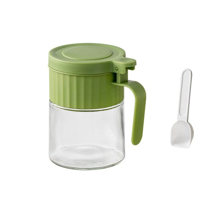 Recipient Condimente, selexmo, din Stilca, 180 ml, cu Maner si Lingurita, 10.6 x 7 x 7 cm, Capac Mat, Verde