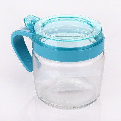 Recipient Condimente, selexmo, din Stilca, 180 ml, cu Maner si Lingurita, 8 x 9 cm, Capac Transparent, Albastru