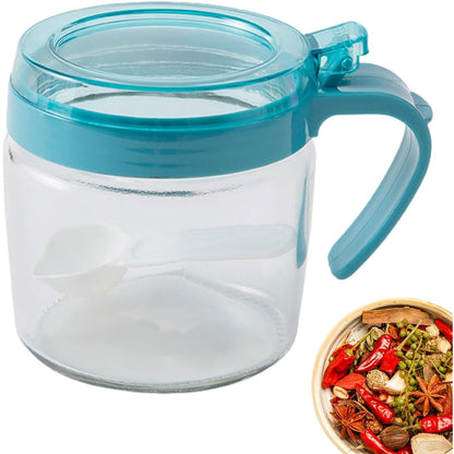 Recipient Condimente, selexmo, din Stilca, 180 ml, cu Maner si Lingurita, 8 x 9 cm, Capac Transparent, Albastru