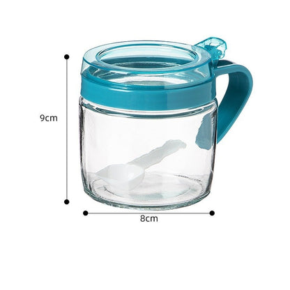 Recipient Condimente, selexmo, din Stilca, 180 ml, cu Maner si Lingurita, 8 x 9 cm, Capac Transparent, Albastru