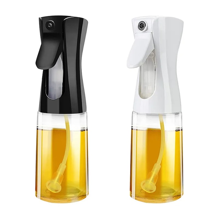 Set 2 pulverizatoare pentru Ulei, Otet sau alte lichide, reincarcabile, multifunctionale, capacitatea 230 ml, Material Sticla si PVC, Culoare Negru/Alb