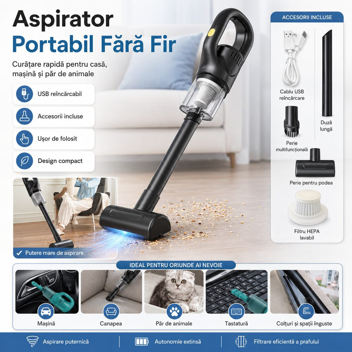 Aspirator Portabil fără Fir, USB, pentru Casă și Mașină