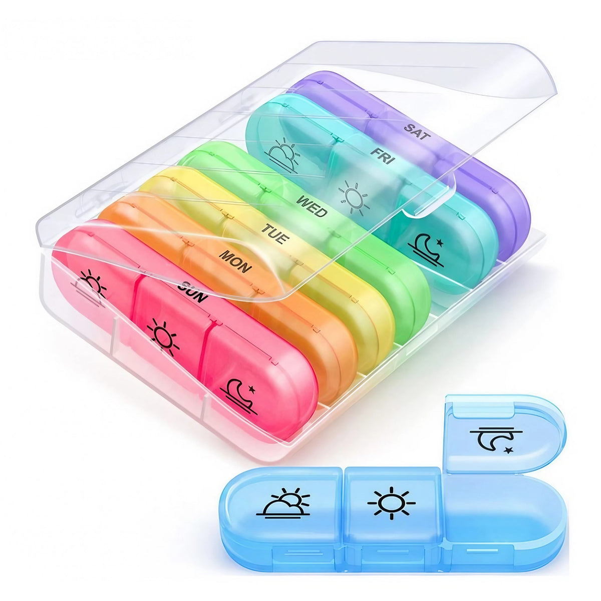 Organizator de pastile pe 7 zile, cu module colorate detașabile, în cutie transparentă