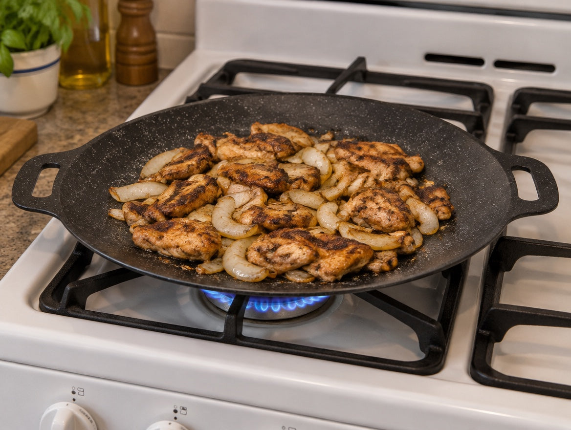 Plita grill rotundă pe aragazul pe gaz
