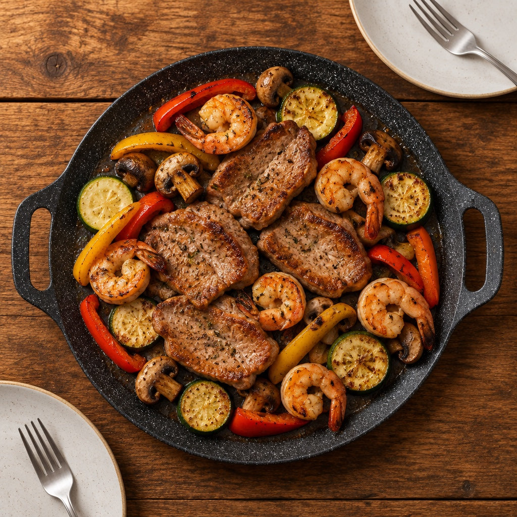 Plita grill rotundă cu carne, creveți și legume, pe masă