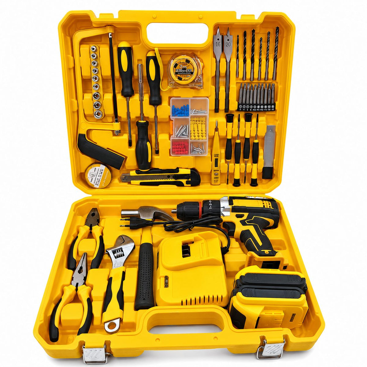 Set bormașină electrică 21V cu 118 piese, galben, trusa deschisă