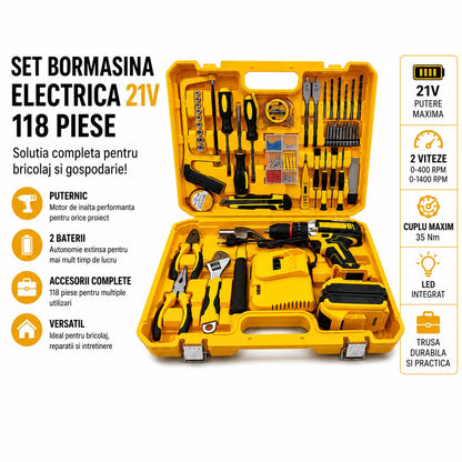 Set bormașină 21V, 118 piese: 2 viteze, cuplu 35 Nm, LED integrat