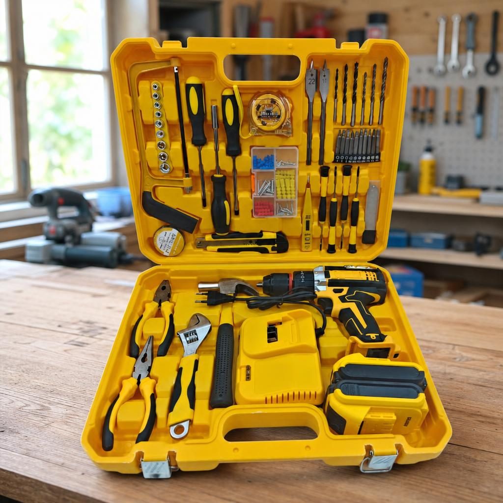 Set bormașină electrică 21V, galben, în atelier