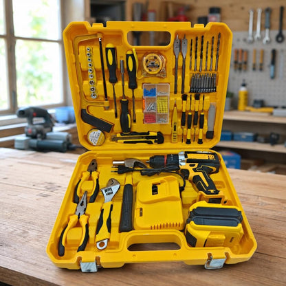 Set bormașină electrică 21V, galben, în atelier