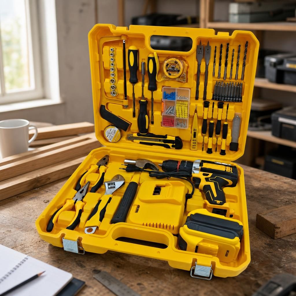 Trusa de bricolaj galbenă cu bormașină 21V, vedere de sus
