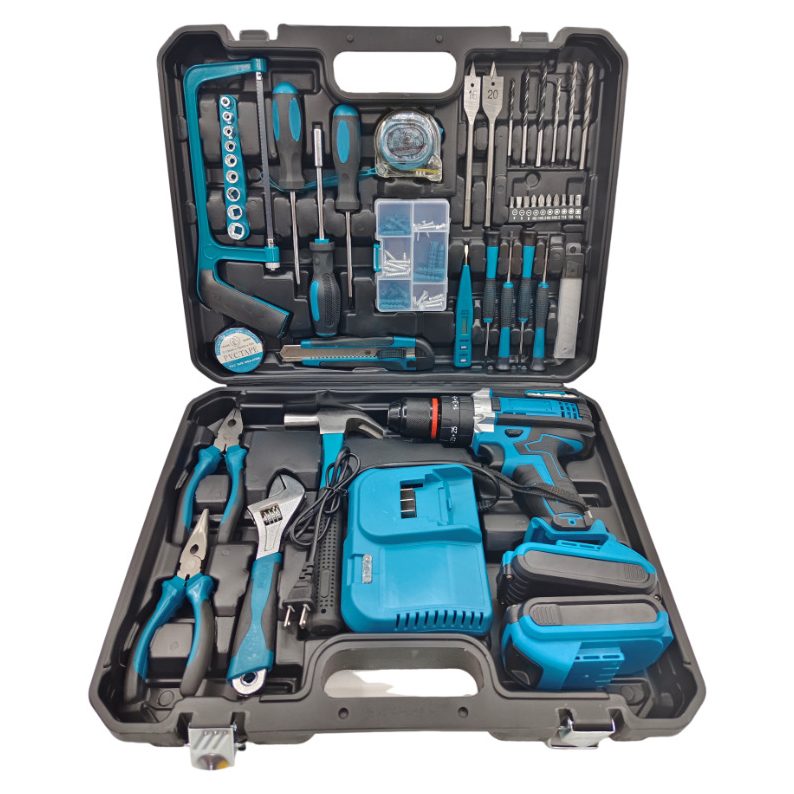 Set bormașină electrică 21V cu 118 piese, negru/albastru, trusa deschisă