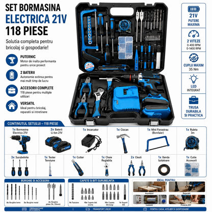 Set bormașină 21V, 118 piese: 2 viteze, cuplu 35 Nm, LED integrat