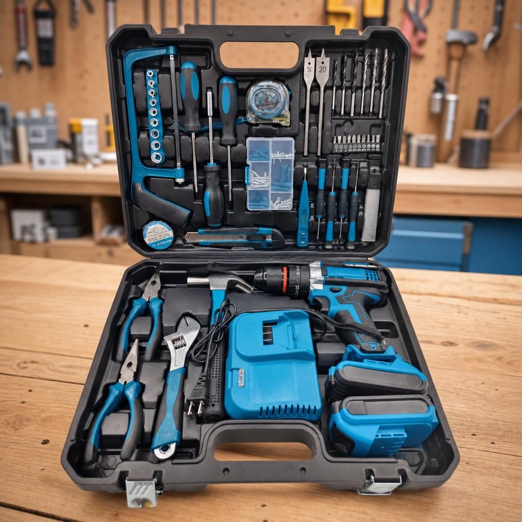 Trusa de bricolaj cu bormașină 21V pe masa de lucru