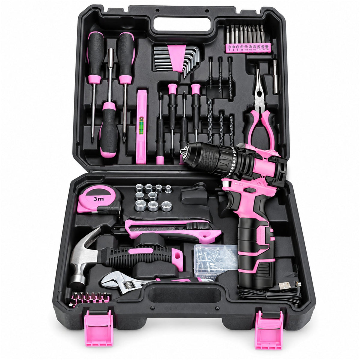 Set scule cu mașină de găurit și înșurubat brushless 21V, roz/negru, trusa deschisă